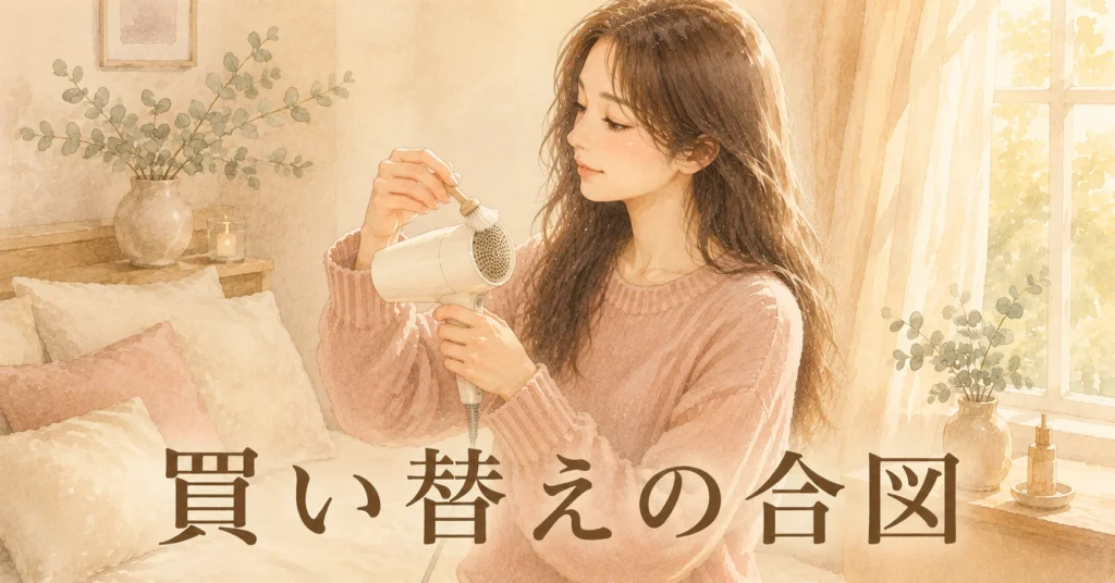 ベッドのそばで、白いドライヤーの吸込口の網に小さなブラシを当ててホコリを払っている女性のイラスト。画像に「買い替えの合図」の文字