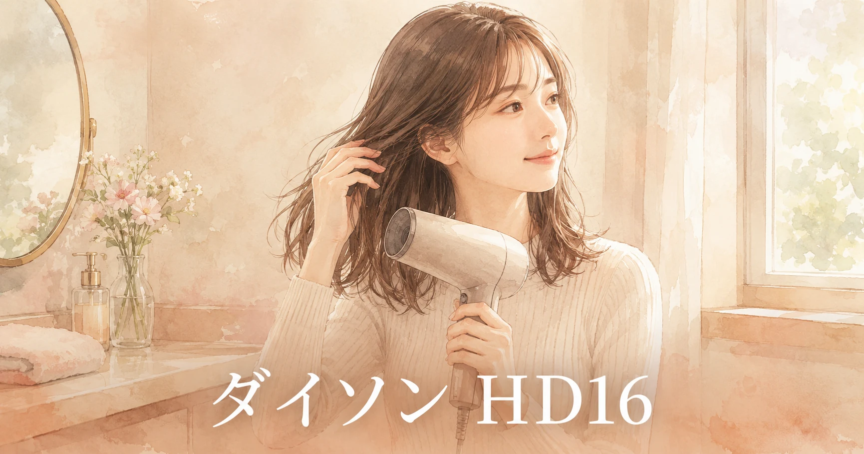 鏡と花のある洗面所で、白いドライヤーを持って髪を乾かしている女性のイラスト。画像に「ダイソン HD16」の文字