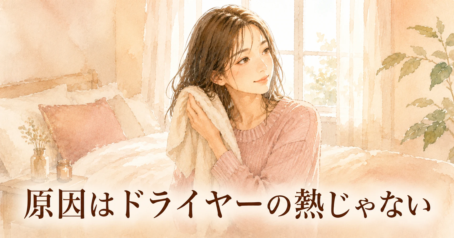 ベッドの上で、濡れた髪をやわらかいタオルで押さえている女性のイラスト。画像に「原因はドライヤーの熱じゃない」の文字