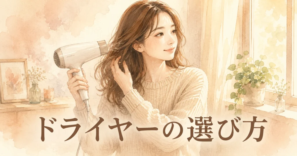 洗面所でドライヤーを当てながら髪に手を通している女性のイラスト。画像に「ドライヤーの選び方」の文字