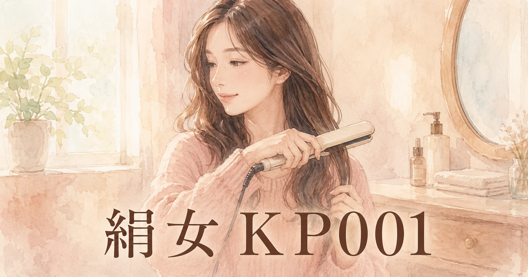 洗面台の前で、ストレートアイロンを毛先に当てている女性のイラスト。画像に「絹女 KP001」の文字