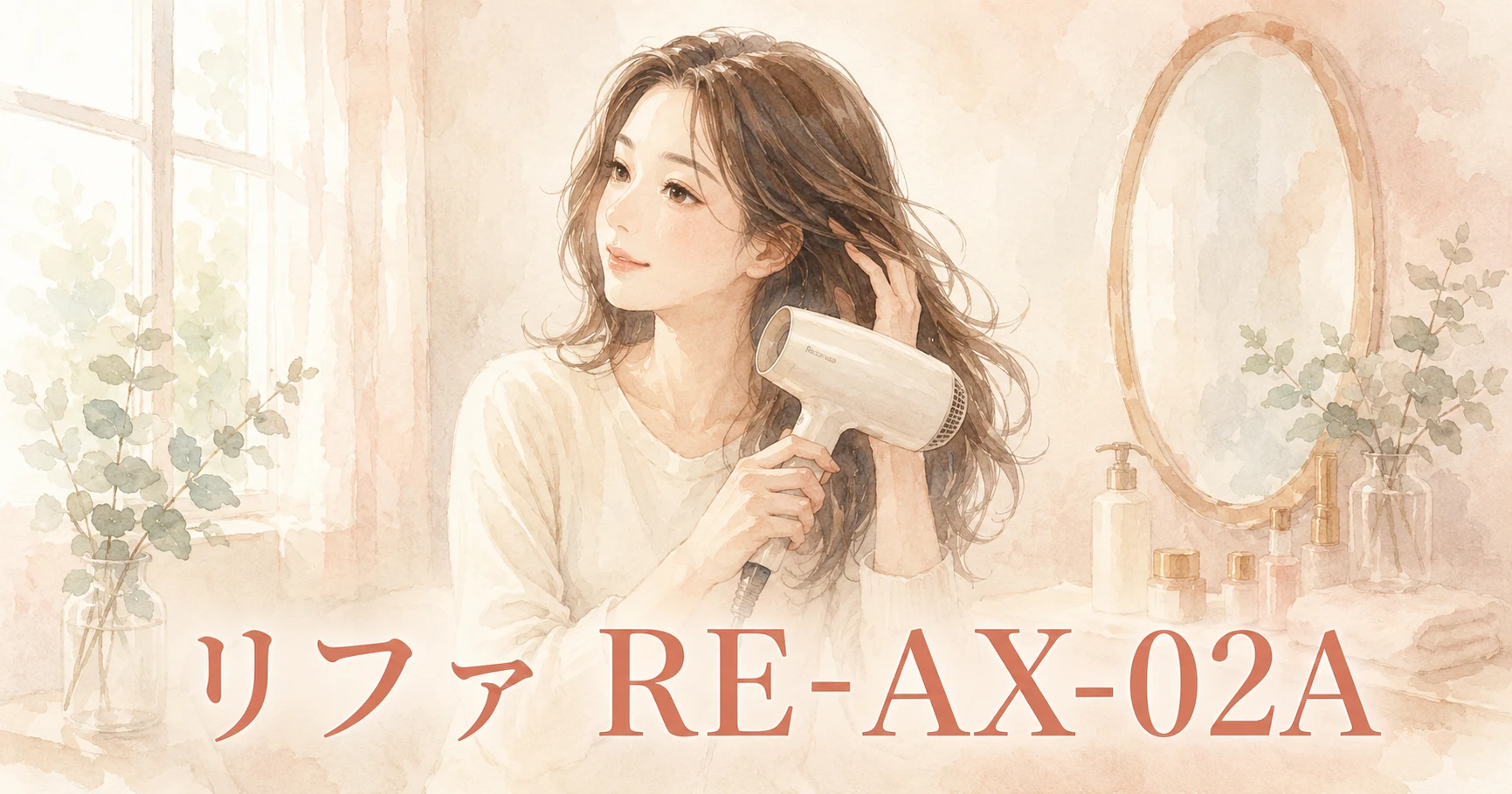 鏡のある洗面台の前で、ドライヤーを当てながら髪に手を添えている女性のイラスト。画像に「リファ RE-AX-02A」の文字