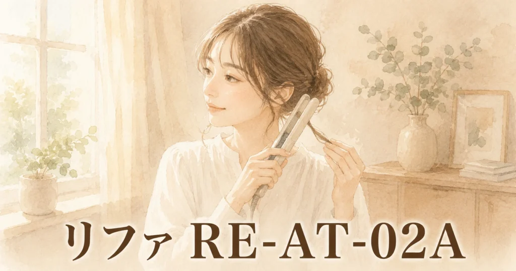 髪をゆるくまとめた女性が、ストレートアイロンで毛先を挟んでいるイラスト。画像に「リファ RE-AT-02A」の文字