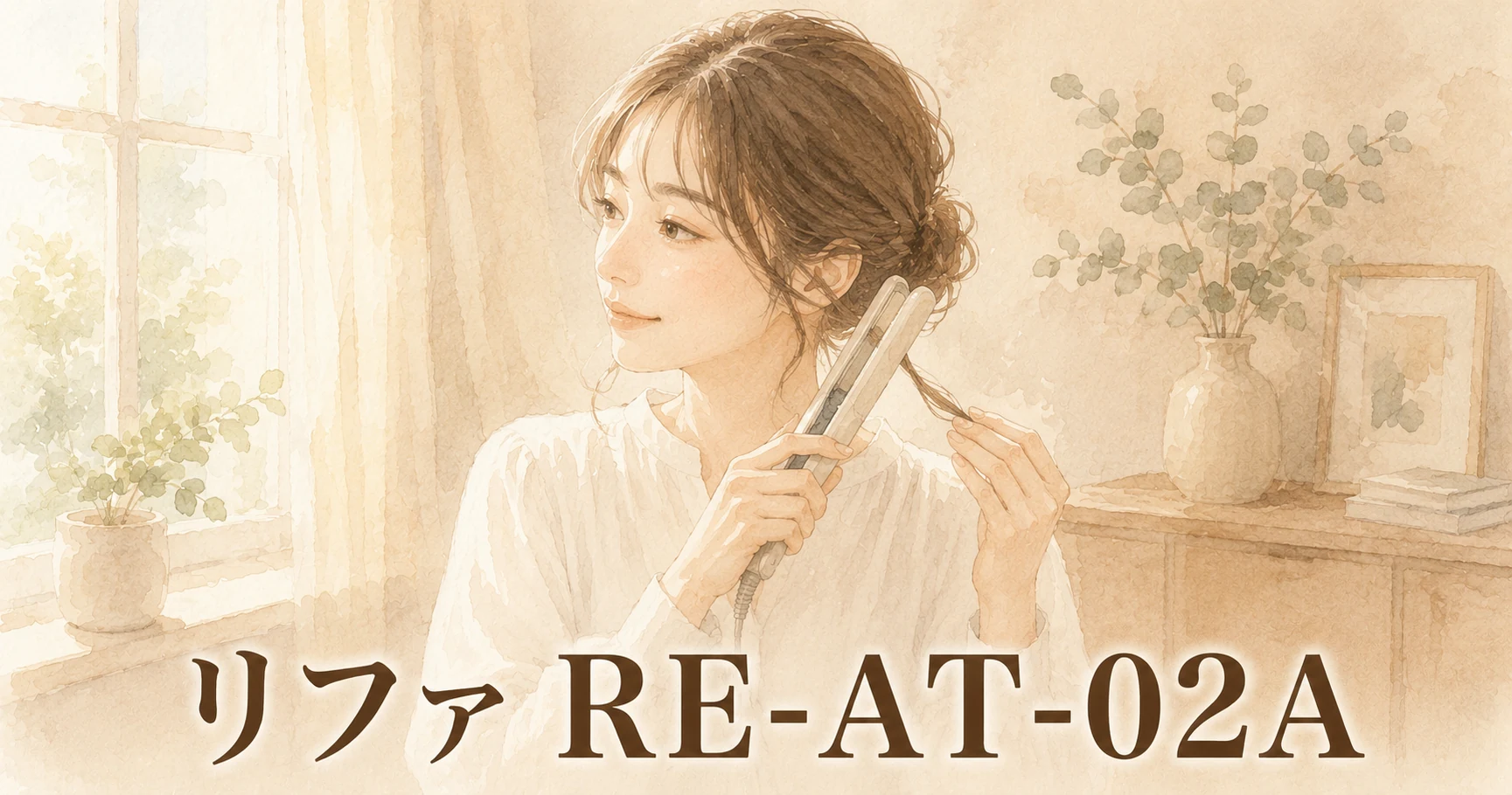髪をゆるくまとめた女性が、ストレートアイロンで毛先を挟んでいるイラスト。画像に「リファ RE-AT-02A」の文字