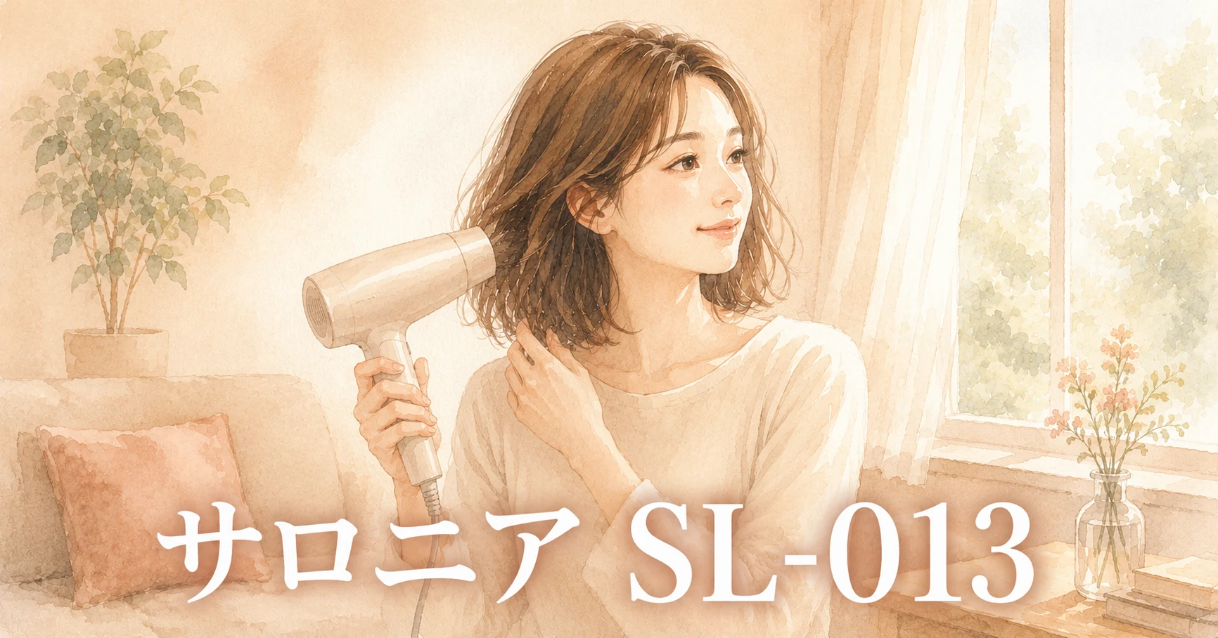 ソファのそばで、小ぶりなドライヤーを持って髪を乾かしている女性のイラスト。画像に「サロニア SL-013」の文字