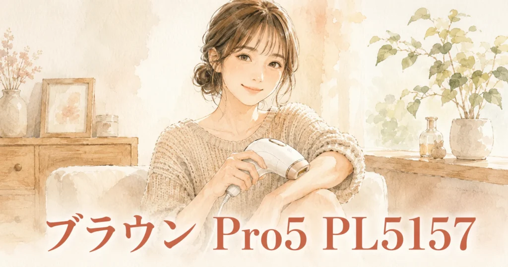 ソファで膝を抱え、白い光美容器を手にした女性のイラスト。画像に「ブラウン Pro5 PL5157」の文字