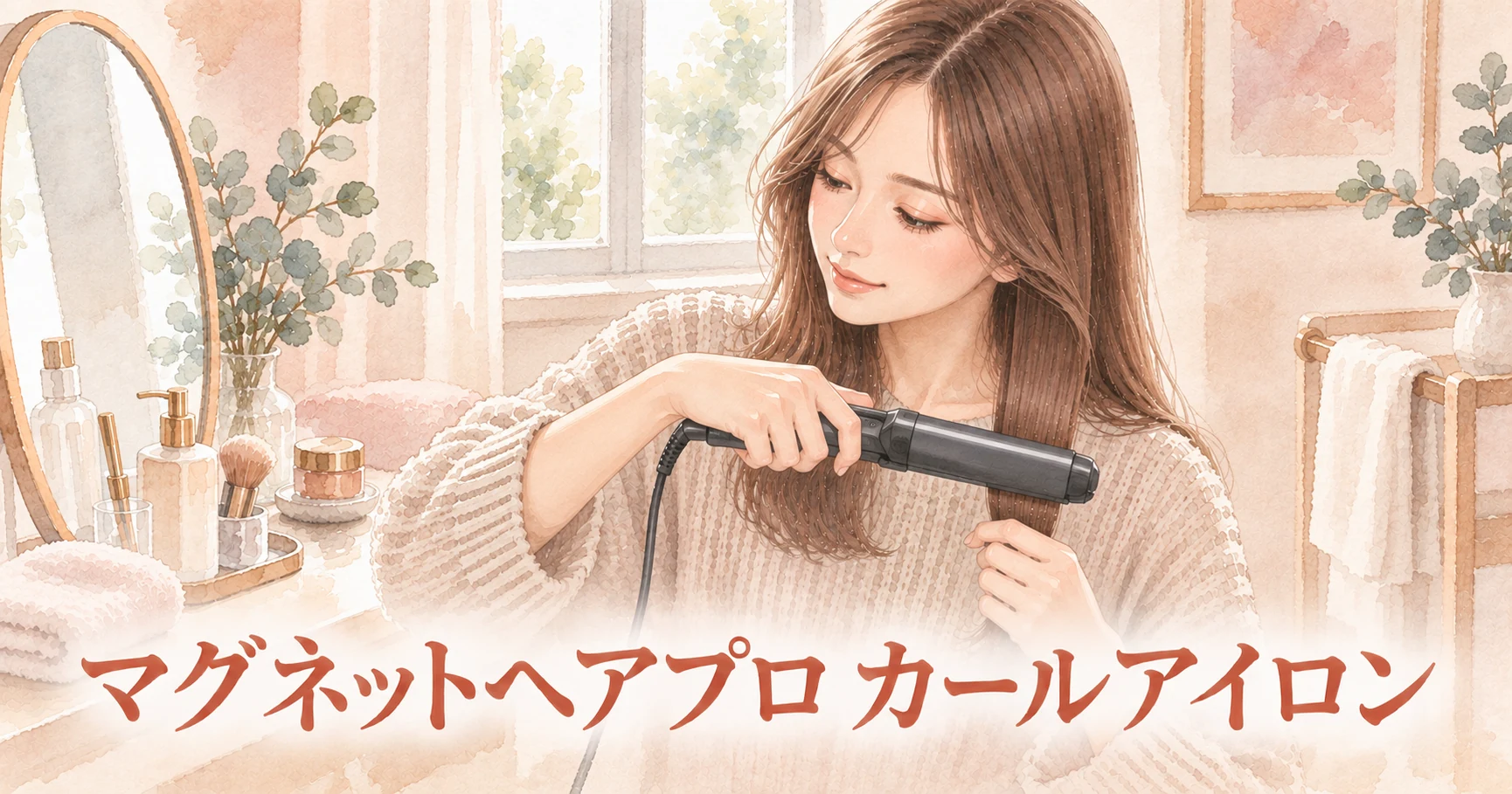 鏡台の前で、黒いカールアイロンで髪をはさんでいる女性のイラスト。画像に「マグネットヘアプロ カールアイロン」の文字