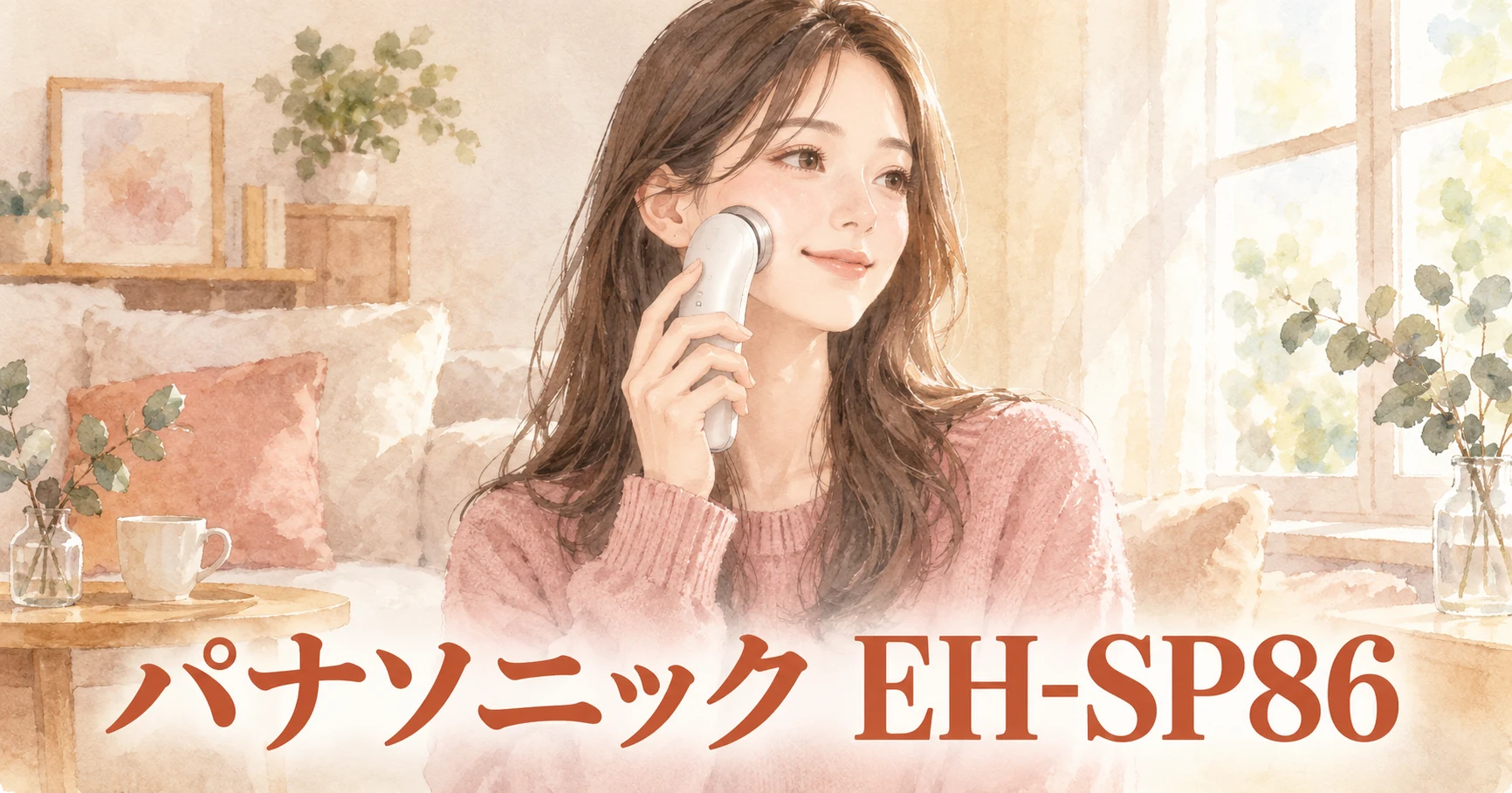 窓辺のソファで、白い美顔器を頬に当てている女性のイラスト。画像に「パナソニック EH-SP86」の文字