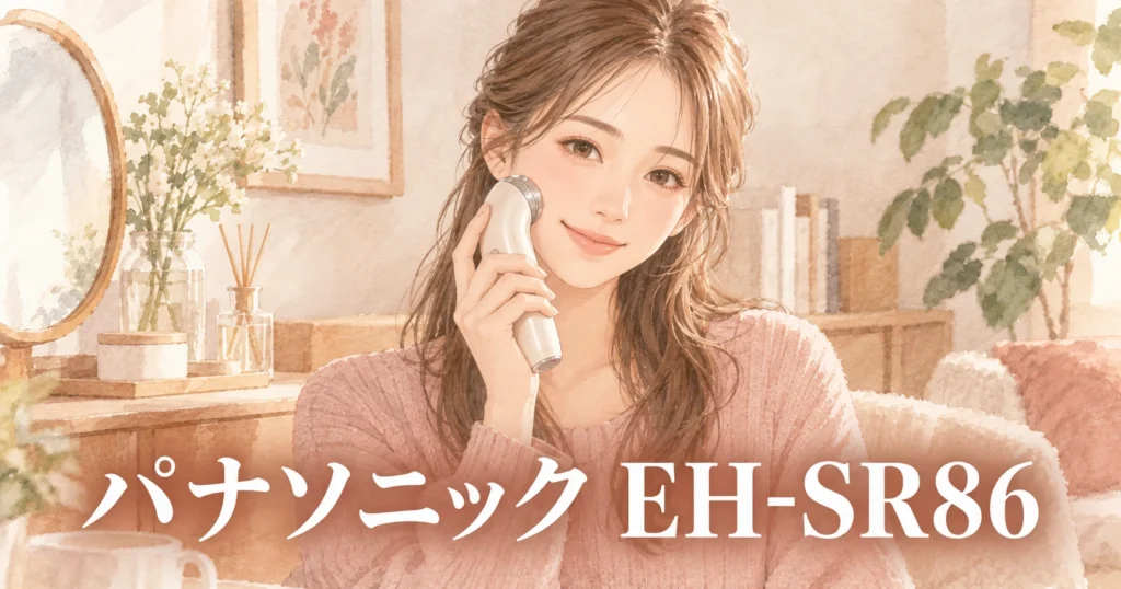 鏡のある部屋で、白い美顔器を頬に当てている女性のイラスト。画像に「パナソニック EH-SR86」の文字