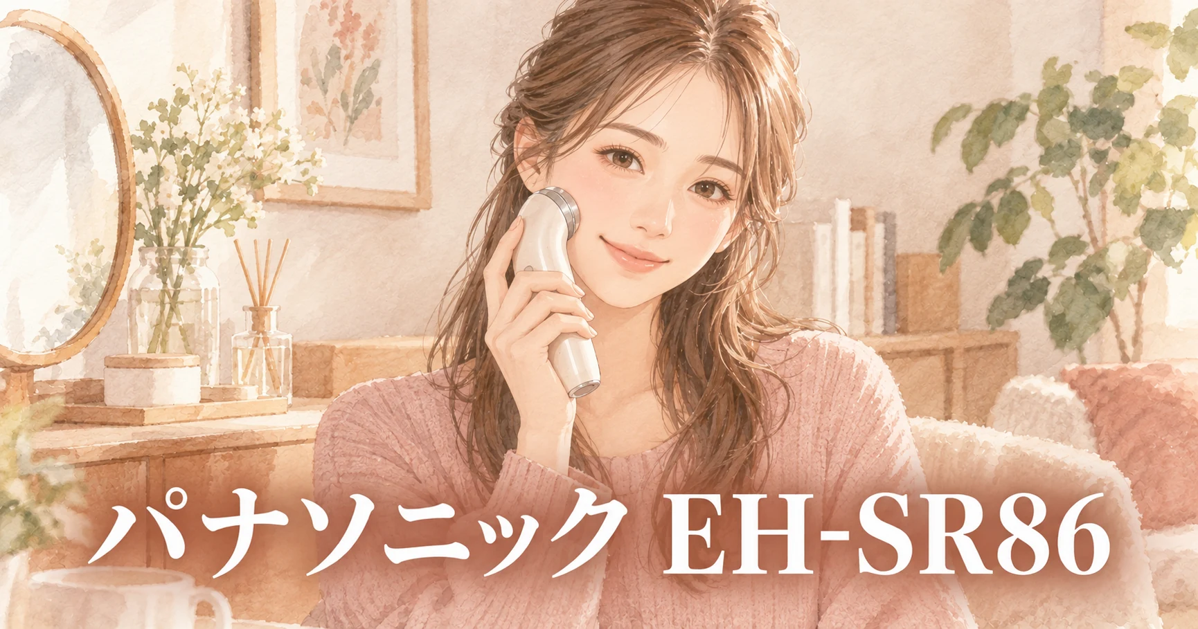 鏡のある部屋で、白い美顔器を頬に当てている女性のイラスト。画像に「パナソニック EH-SR86」の文字