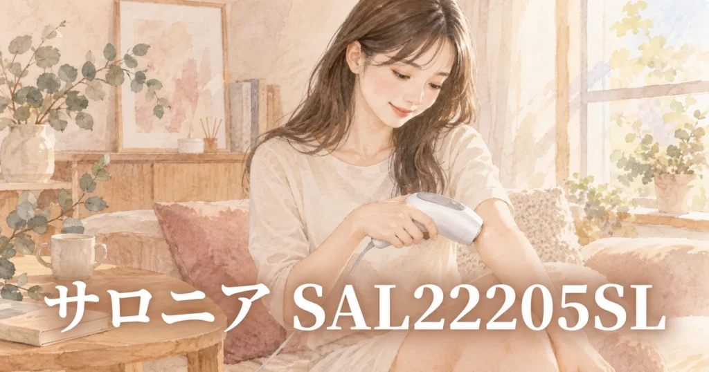ソファに腰かけ、白い光美容器を腕に当てている女性のイラスト。画像に「サロニア SAL22205SL」の文字