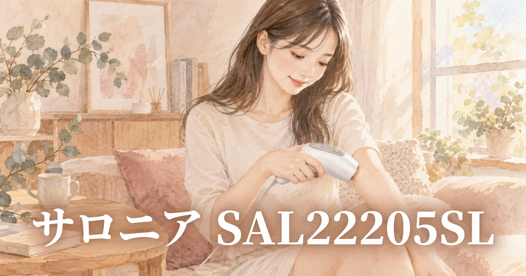 ソファに腰かけ、白い光美容器を腕に当てている女性のイラスト。画像に「サロニア SAL22205SL」の文字