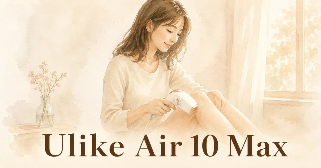 窓辺に座り、白い光美容器を脚に当てている女性のイラスト。画像に「Ulike Air 10 Max」の文字