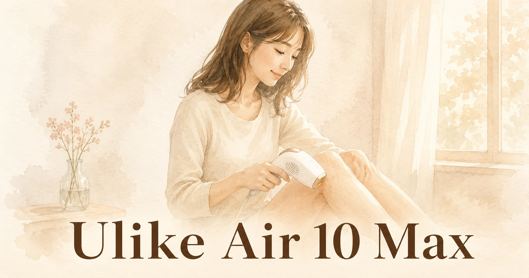 窓辺に座り、白い光美容器を脚に当てている女性のイラスト。画像に「Ulike Air 10 Max」の文字